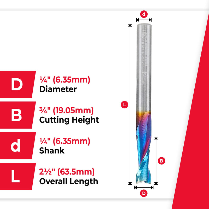 Amana Tool Spektra Extreme Tool Life Coated Solid Carbide Spiral Plunge Router Bit, 46102-K, 1/4 Dia x 3/4 CH x 1/4 Shank 2-1/2 Inch Long Up-Cut