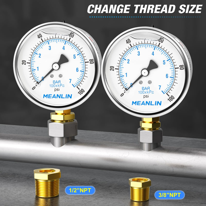 [Australia - AusPower] - MEANLIN MEASURE 0~100Psi Stainless Steel 1/4" NPT 4" FACE DIAL Liquid Filled Pressure Gauge WOG Water Oil Air Lower Mount, with 1/2" NPT and 3/8" NPT Hex Bushing 0-100Psi Lower Mount/4" Face Dial 