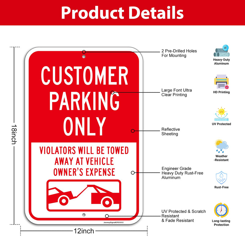 2PC Customer Parking Sign, 18"x12" Customer Parking Only Sign for Business, Violators Will Be Towed Signs, Engineer Grade Reflective Aluminum, Rust Free, Fade Resistant, UV Protected, Easy Mounting