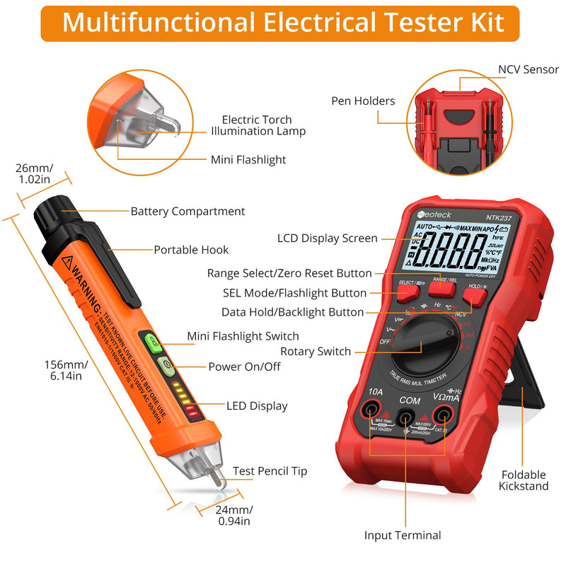 Neoteck 12-1000V Non-Contact Voltage Detector Pen and 2000 Counts Digital Multimeter for Live/Null Wire Distinguish, NCV AC/DC Voltage Current Resistance Capacitance Frequency Measuring