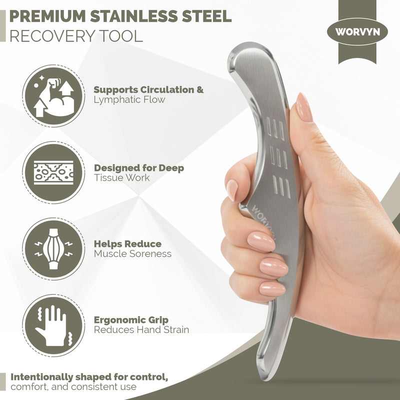 Premium Muscle Scraper Tool – Stainless Steel Body Gua Sha with Ergonomic Anti-Fatigue Grip – 8mm Thick for Muscle Recovery & Mobility Support