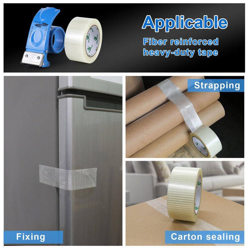 BOMEI PACK 3Rolls Filament Strapping Tape 2Inch with Dispenser, Heavy Duty Fiberglass Reinforced Packing Tape for Shipping, Cross Bi Directional Filanent Tape 2inch x 30Yds x 5.9Mil, Total 90Yds 3