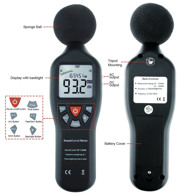[Australia - AusPower] - Decibel Meter Digital Sound Level Meter Professional Noise Meter High Accuracy 30dB to130dB Measuring Range with Backlight Display for Classroom, Office, Home, etc. Without Data Record Function 