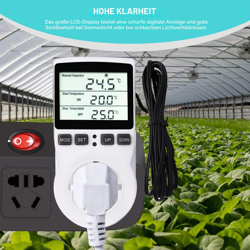 RUIZHI Digital Temperature Controller Sockets Heating Cooling Thermostat 250 V with Sensor Socket and Probe LCD Screen for Greenhouse, Aquarium, Terrarium, Reptiles (EU