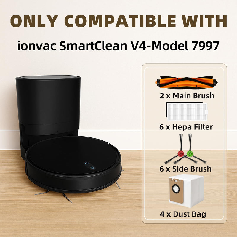 SmartClean V4 7997 Accessories for Ionvac SmartClean V4 Self Emptying Robot Vacuum Replacement Parts Kit, 2 Main Roller Brush, 6 Side Brushes, 6 Hepa Filters, 4 Dust Bags (18PCS)