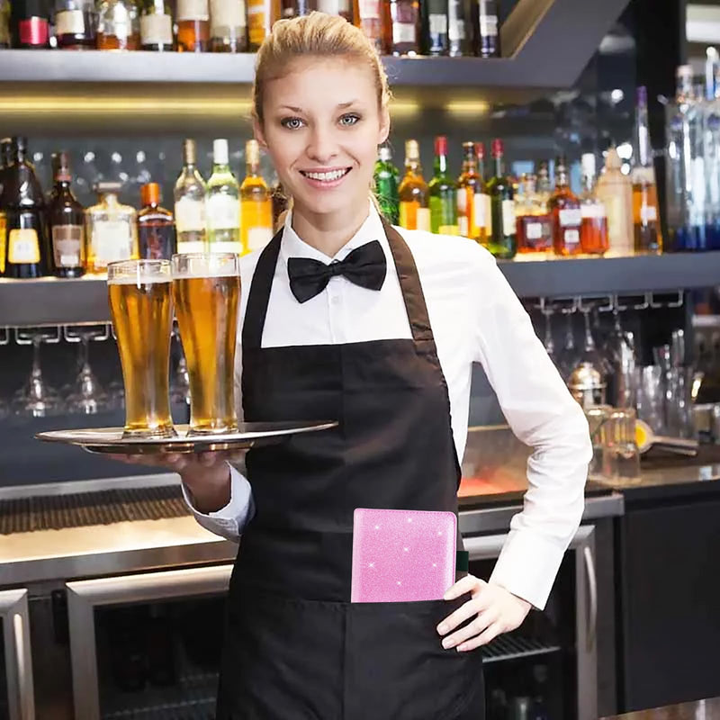 [Australia - AusPower] - Server Book with 2 Zipper Pockets, Leather Server Book Organizer for Waitress, Bling Waiter Book Money Wallet with Pen Holder, Guest Check Presenter, Restaurant Waitstaff Organizer, Glitter Pink 