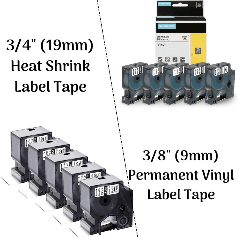 5Pack 3/4'' Heat Shrink Tube Labels + 5Pack 3/8'' Permanent Vinyl Label Tape Compatible with Dymo Rhino 4200 5200 6000 Label Makers