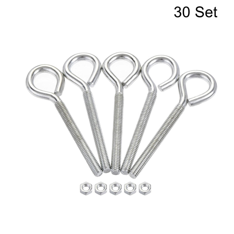 [Australia - AusPower] - uxcell M4x40mm Eye Hooks Screws Bolts Kit, 30pcs Carbon Steel Hanger Eyelet Hooks Screw with Hex Nuts for Metal Hook, Wood Terminal Ring Hooks 