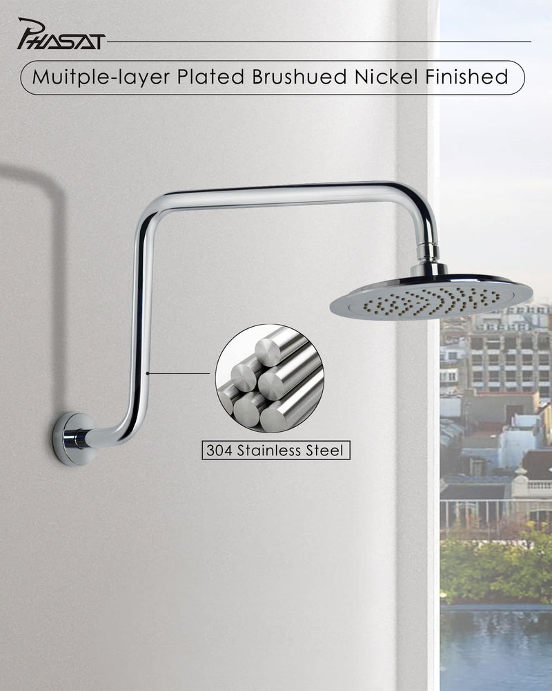 PHASAT S Shaped Shower Arm with Flange,High Rise Shower Head Extension Arm Chrome,PU9D02 Round-Standard