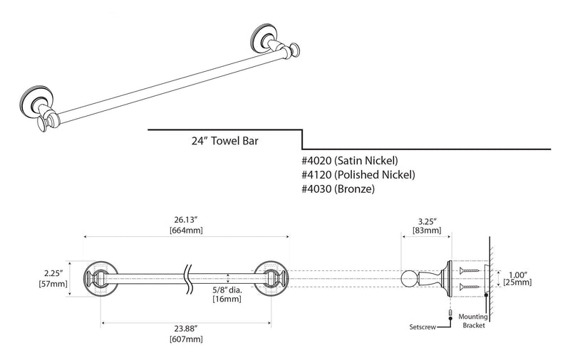 Gatco 4020 Tavern 24" Towel Bar, Satin Nickel