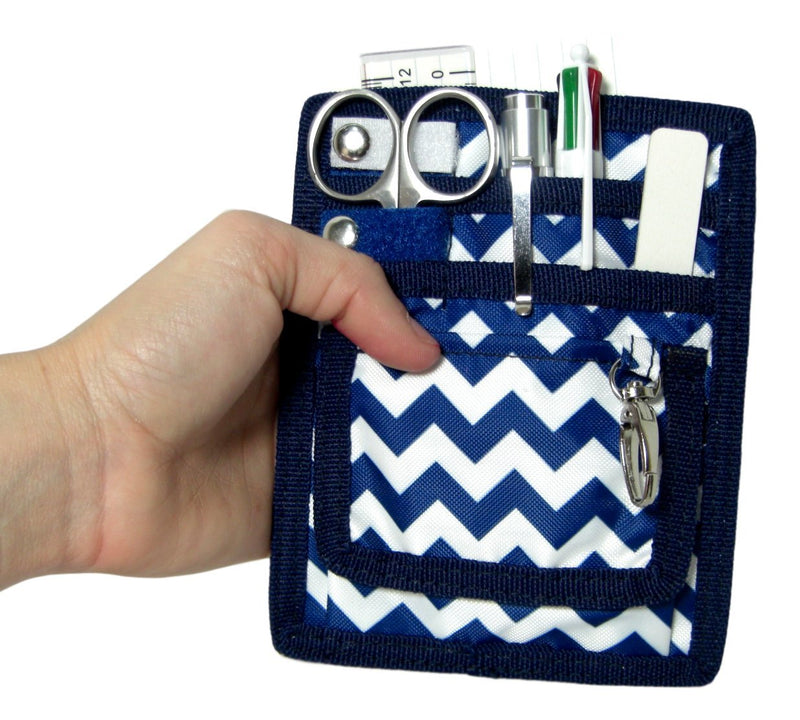 6 Piece Protective Lab Coat Pocket Organizer Kit has Fashionable Blue Chevron Pattern. 6 Pockets Packed With Needed Accessories Blue White