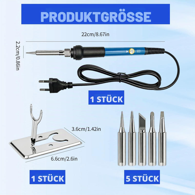 Soldering Iron Set 60 W, Soldering Station with LCD Display, Adjustable Temperature 180-500 °C, Quick Heating Soldering Device with On/Off Switch, 5 Soldering Tips, Solder, Stand for Electronics
