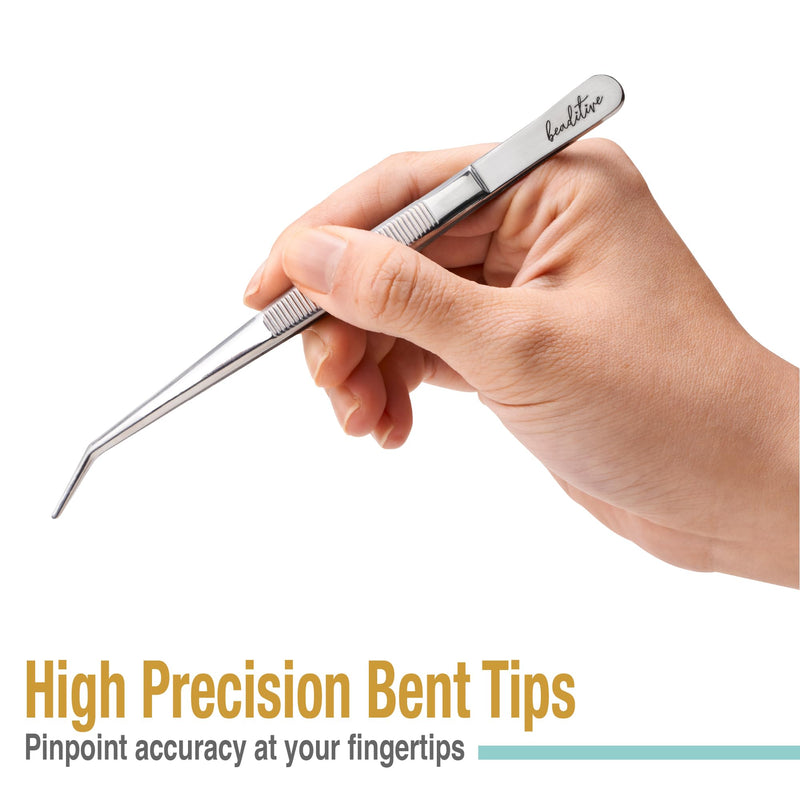 Beaditive 6-inch Sewing Machine Tweezers Set (10-PC) Serrated Bent Tips | Professional Grade, High Precision | Stainless Steel 10