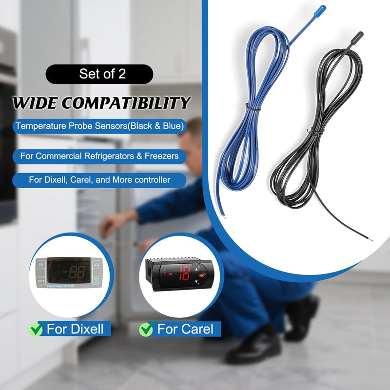 [Australia - AusPower] - Temperature Probe Sensors | Durable Stainless Steel (Black/Blue) | Compatible with Dixell, Carel & Eliwell | for Refrigerators, Freezers & Cold Rooms(2-Pack) 