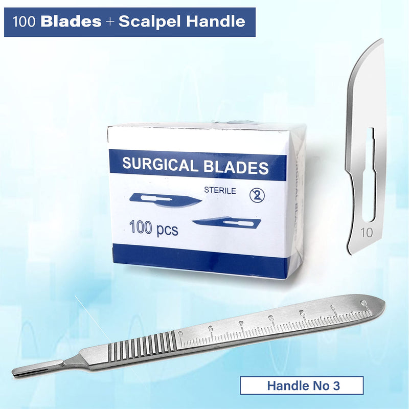 [Australia - AusPower] - 100 Sterile Carbon Steel Blades #10 with Free Scalpel Handle #3 