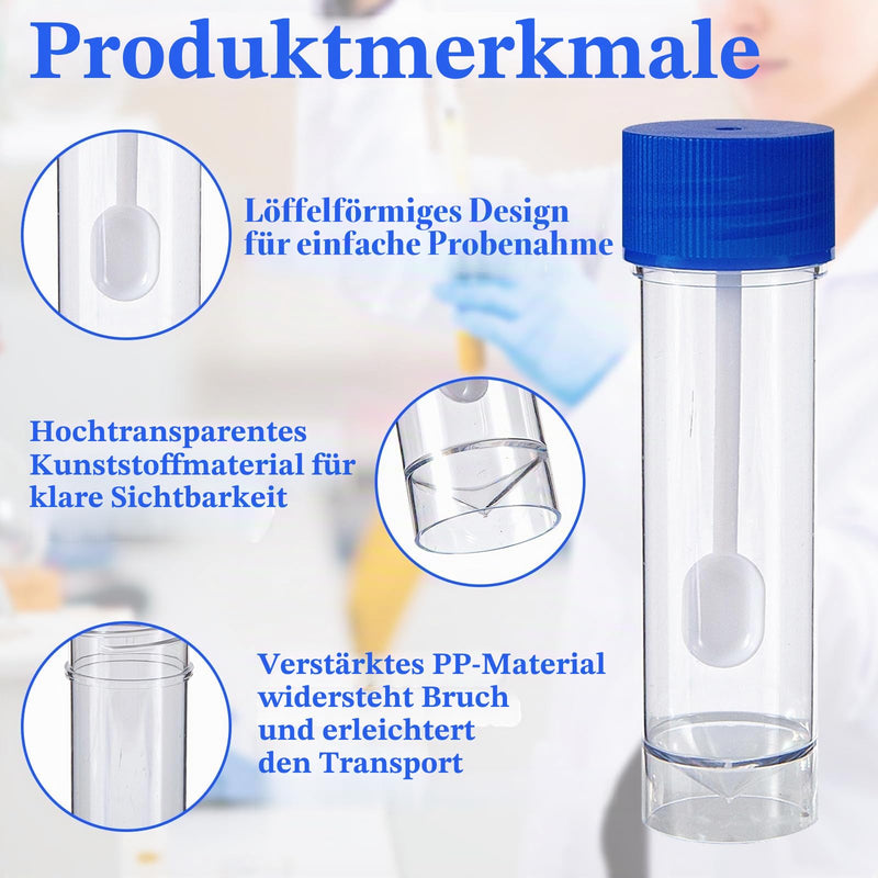 10 Chair Sample Containers with Spoon and Screw Lid 25ml to 30ml | Leak proof plastic containers, blue lids, for stool samples in doctor's office and laboratory, also for dog and cat