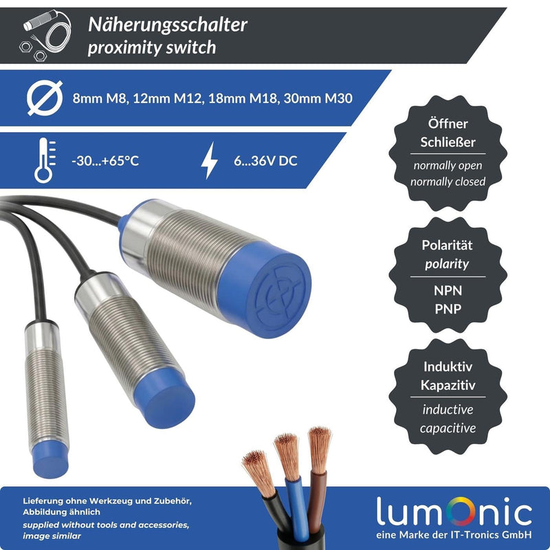 Lumonic Capacitive Proximity Switch 30 mm NPN I Proximity Sensor Opener - IP67 I Proximity Sensor with Nickel-Plated Brass & 6 to 36 V DC Voltage Opener Npn 30mm Capacitive
