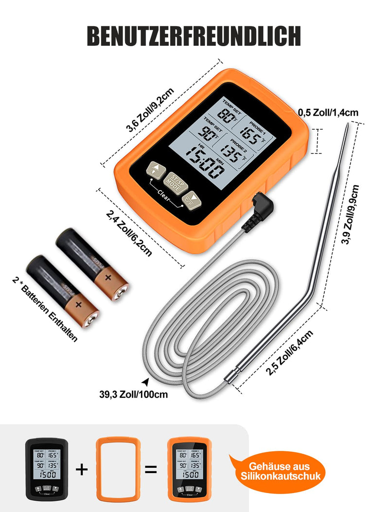 [Australia - AusPower] - CIRYCASE Digital Meat Thermometer, Quick and Precise Read Oven Thermometer with Two 16.3 cm Stainless Steel Probes, Grill Thermometer with Auto On/Off, Timer & LCD Screen, for Cooking, BBQ, Kitchen orange 