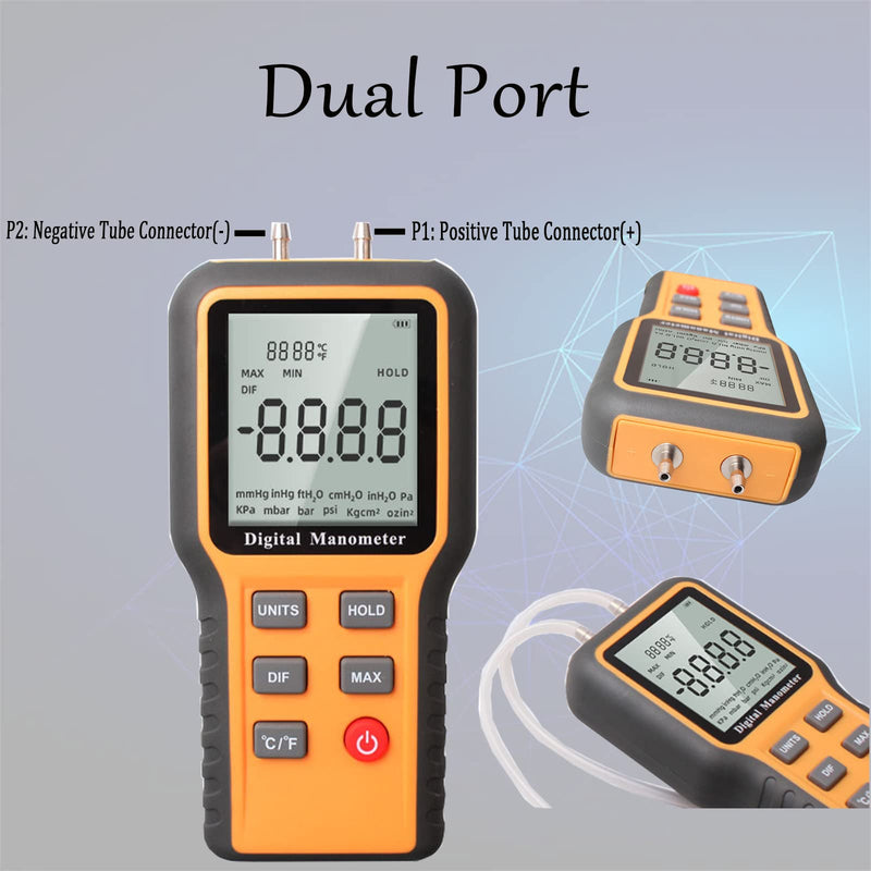 Digital Manometer Professional Air Pressure Meter, Dual-Port Gas Pressure Tester Handheld HVAC Manometer 12 Selectable Units Differential Pressure Gauge with Battery & Backlight