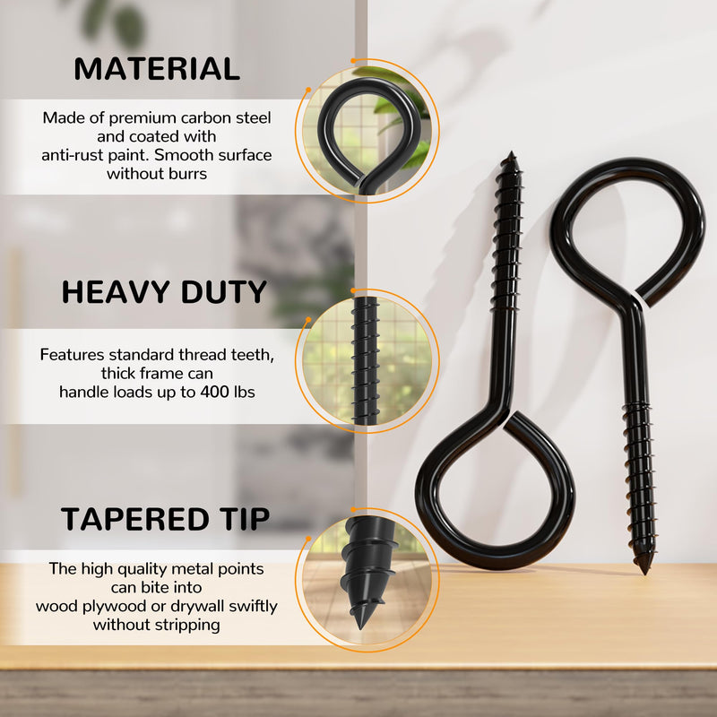 [Australia - AusPower] - 4 Pack 5 Inch Stainless Steel Eye Bolts Screw in Hooks, Heavy Duty Black Large Screw in Eye Hooks, Eye Hammock Stand Hooks Screw for Hanging, Tie-Downs, Heavy Indoor & Outdoor Uses 