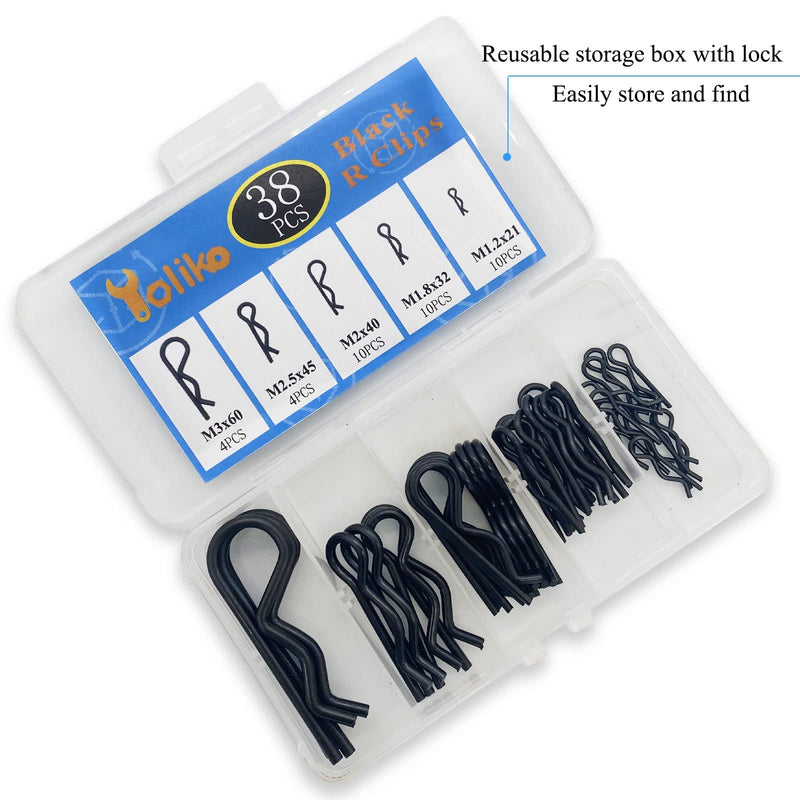 [Australia - AusPower] - 38 Pcs Hitch Pin Clip R Clips Retaining Pins Tractor Cotter Pin Hair Pin Assortment Iron Black Zinc-plated Spring Clip Retainer Pins keeper Pins Kit for Dolly Pins/Trailer Pin Clips Replacement Black 38 pcs in 5 size 