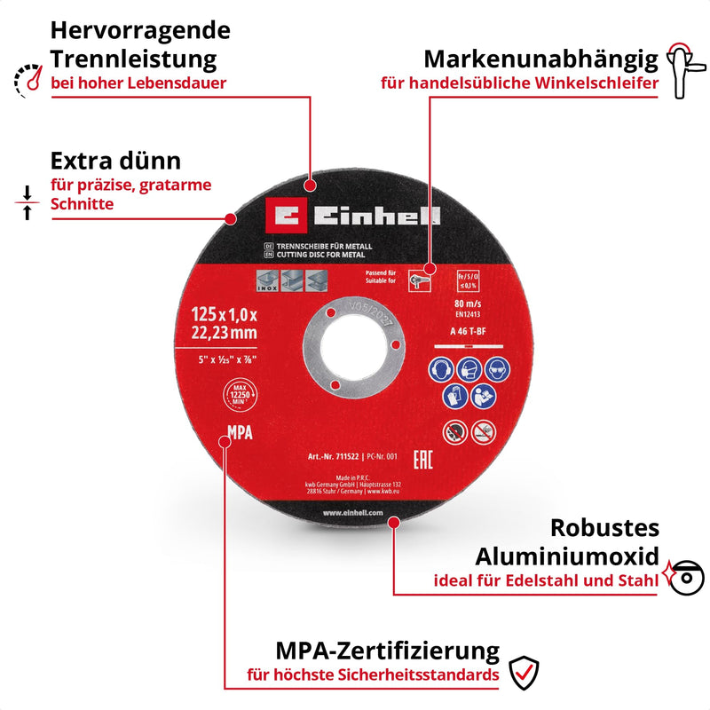 [Australia - AusPower] - Original Einhell 5-Piece Thin Cutting Disc Set for Metal, Diameter 125 mm (1 mm Thickness, MPA Certified, Long Life, Precise, Low-Burr Cuts, for Angle Grinders) 