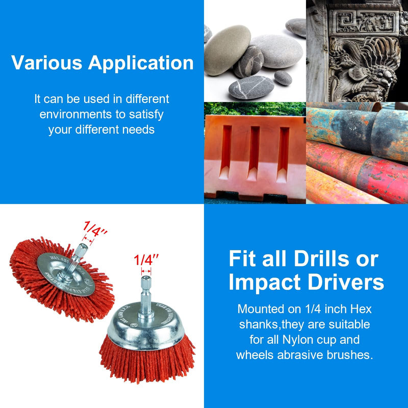 [Australia - AusPower] - SALI 6 Pack Nylon Filament Abrasive Wire Brush Wheel & Cup Brush Set with 1/4 Inch Hex Shank, 6 Sizes Nylon Drill Brush Set for Removal of Rust Corrosion Paint 