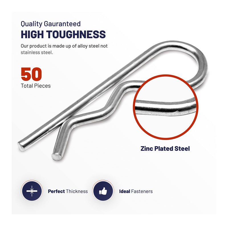[Australia - AusPower] - Cotter Pins 50 Pcs r pins - Sturdy & Durable Alloy Steel - R- Shaped Heavy Duty Cotter Pin Assortment Kit in 6 Different Sizes - Perfect for Mechanics, Lawn Mowers, & RV Owners 