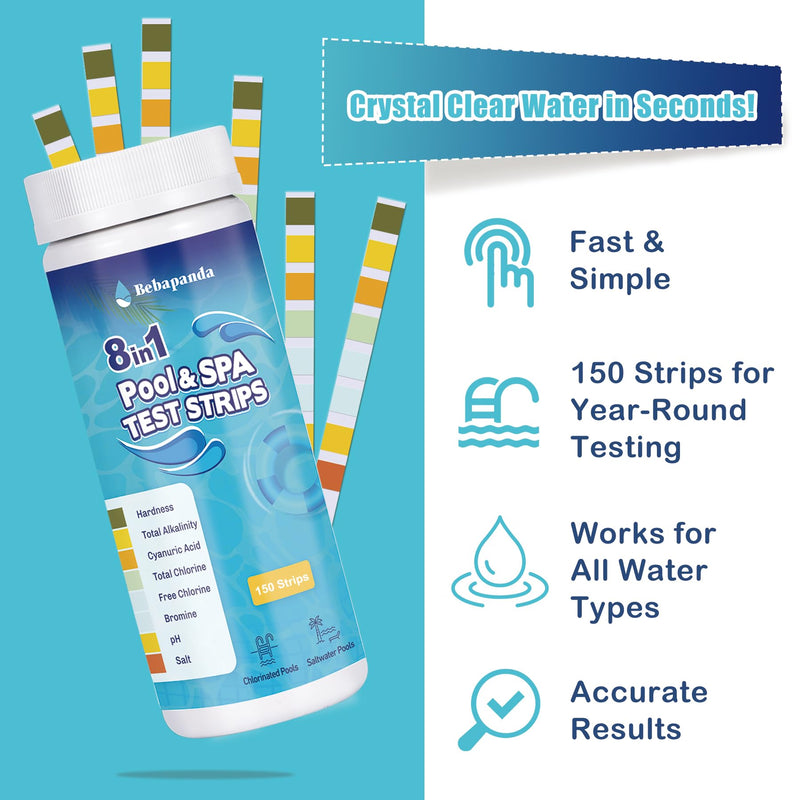 [Australia - AusPower] - 8-in-1 Pool Salt Test Strips: 150 Count Pool Test Strips for Salt Water Pool Hot Tub Spa Water Easy to Tests Salt, pH, Chlorine, Bromine, Alkalinity, Hardness, Cyanuric Acid 8IN1-150 