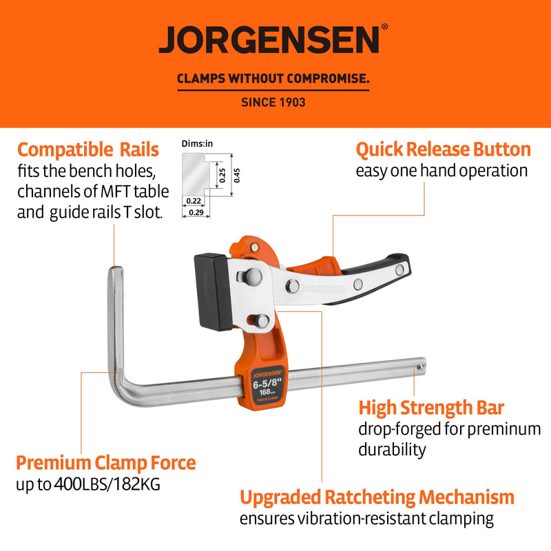 Jorgensen 6-5/8" Ratcheting Table Clamp, Quick Release Track Saw Clamp, Guide Rail Clamps for MFT Table and Guide Rail System, 2-7/8" Throat Depth, 400lbs Load Limit 1