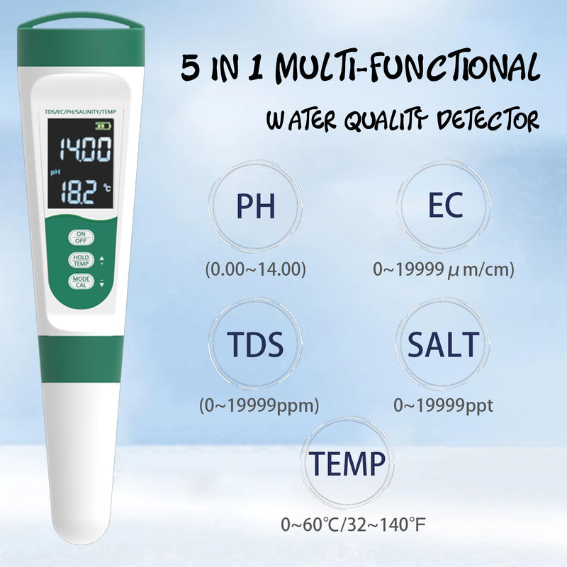 [Australia - AusPower] - 5-in-1 Water Quality Tester - TDS/PH/Temp/Salt/EC Meter - High-Precision Chip & Algorithm for Fast & Accurate Measurements - Ideal for Drinking, Tap, Well, Pool, Aquarium, Hydroponics 