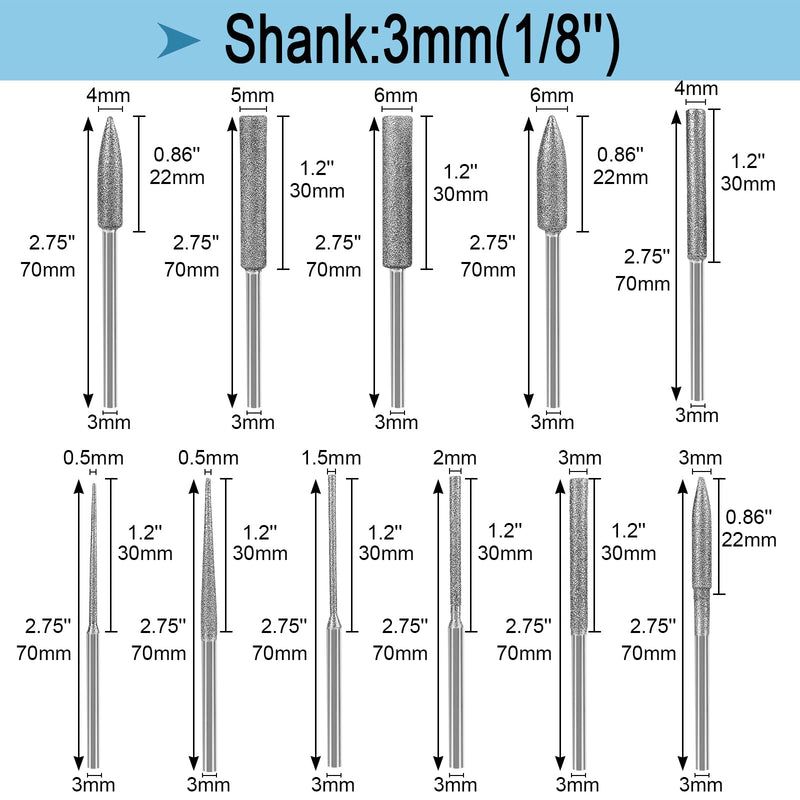 [Australia - AusPower] - Stone Carving Set Diamond Burr Bits Compatible with Dremel, 11PCS Polishing Kits Rotary Tools Small Long Cone Accessories with 1/8 Shank For Carving, Engraving, Grinding, Stone, Rocks, Jewelry, Glass 0.5-6mm burr head 1/8'' shank 