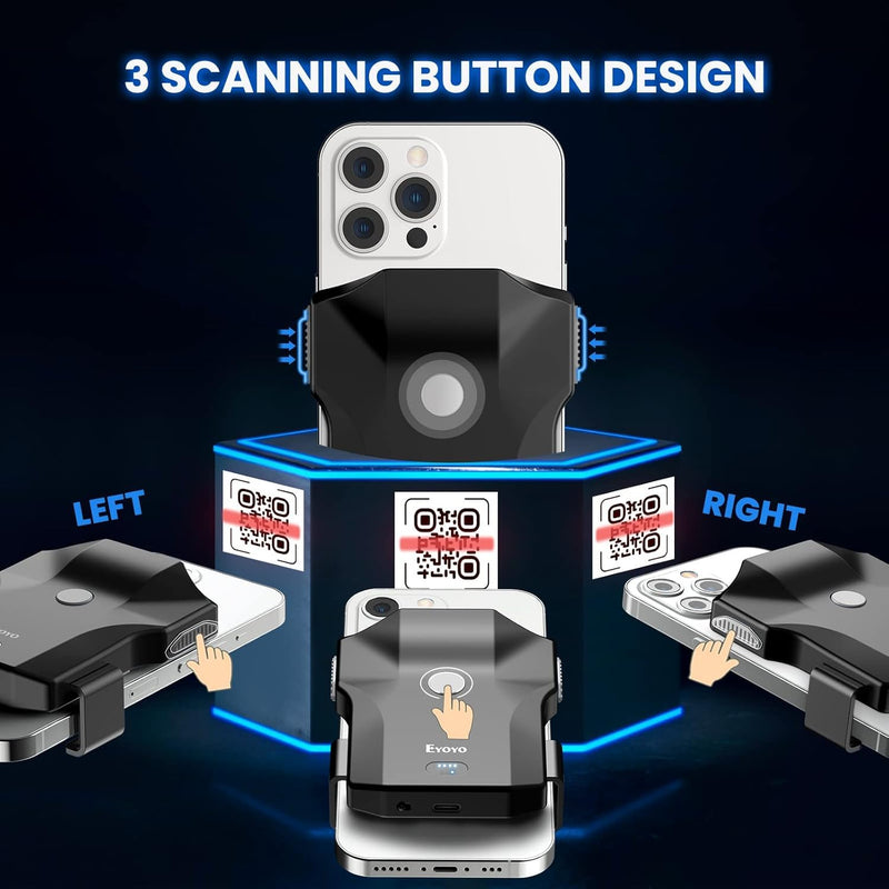 [Australia - AusPower] - Eyoyo 2D Bluetooth Barcode Scanner, Wireless Back Clip Compatible with 4.7"–7.2" Android and iPhone, USB Rechargeable with Battery Level Indicator, Ideal for Book Library and Inventory Management 