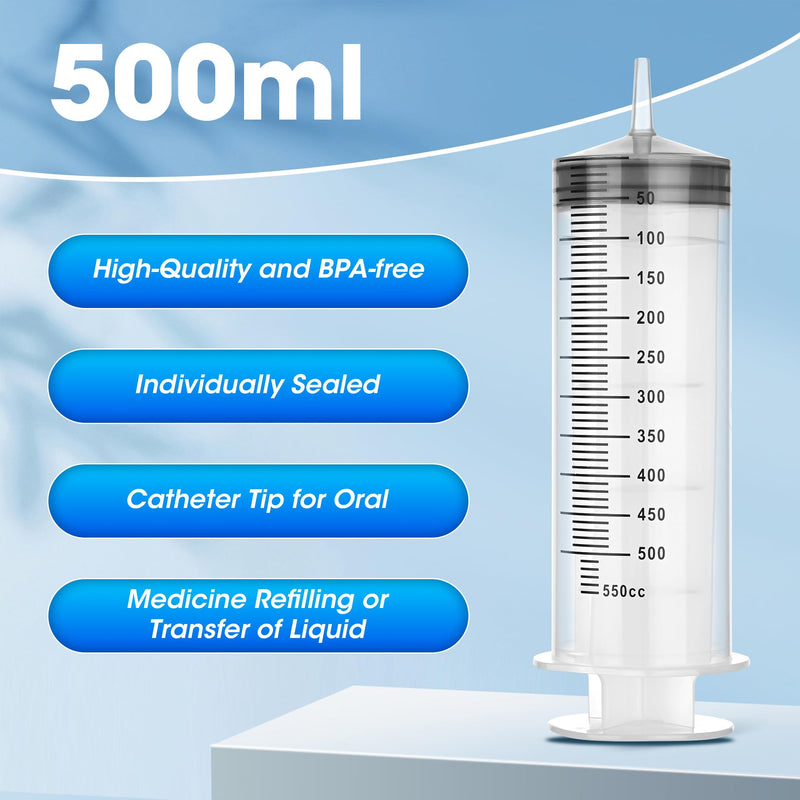 500 ml Large Syringe for Liquids, Syringe Without Needle for Thick Liquids, 3 Pack Individually Wrapped 500 mL 3.0