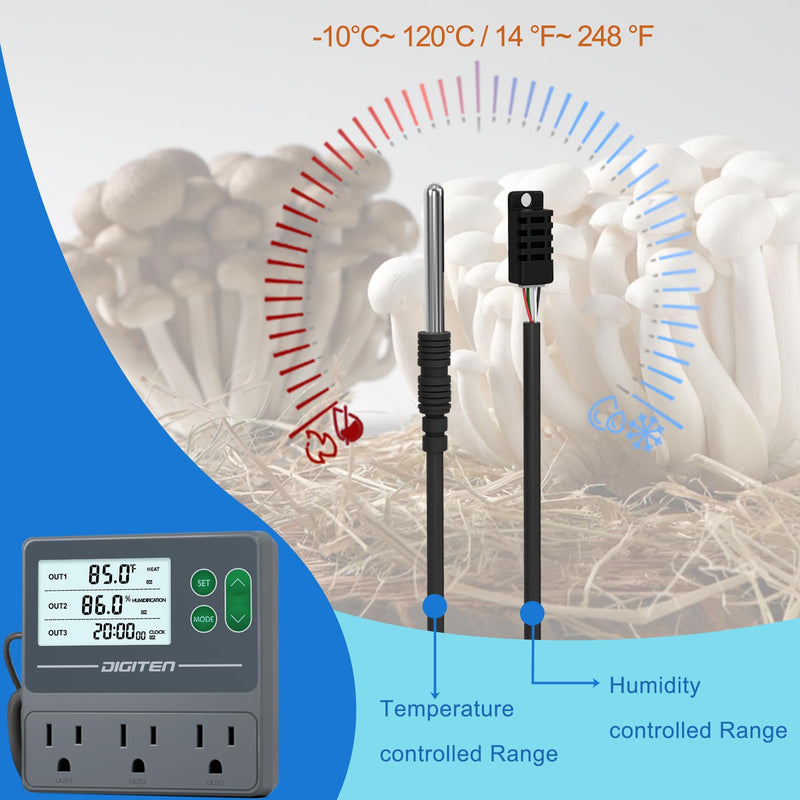 [Australia - AusPower] - DIGITEN Temperature and Humidity Controller with Timer - 3 Outlet, 2 Separate Probes, Plug in Temperature Controller for Reptiles,Snake, Mushrooms, Tent, Triple Control for Temp,Humidity,Time 