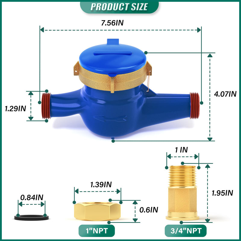 [Australia - AusPower] - DN20 Cold Water Meter, 3/4" NPT Thread Couplings, Horizontal Install, for Home, Garden Irrigation, Residential Water Supply 