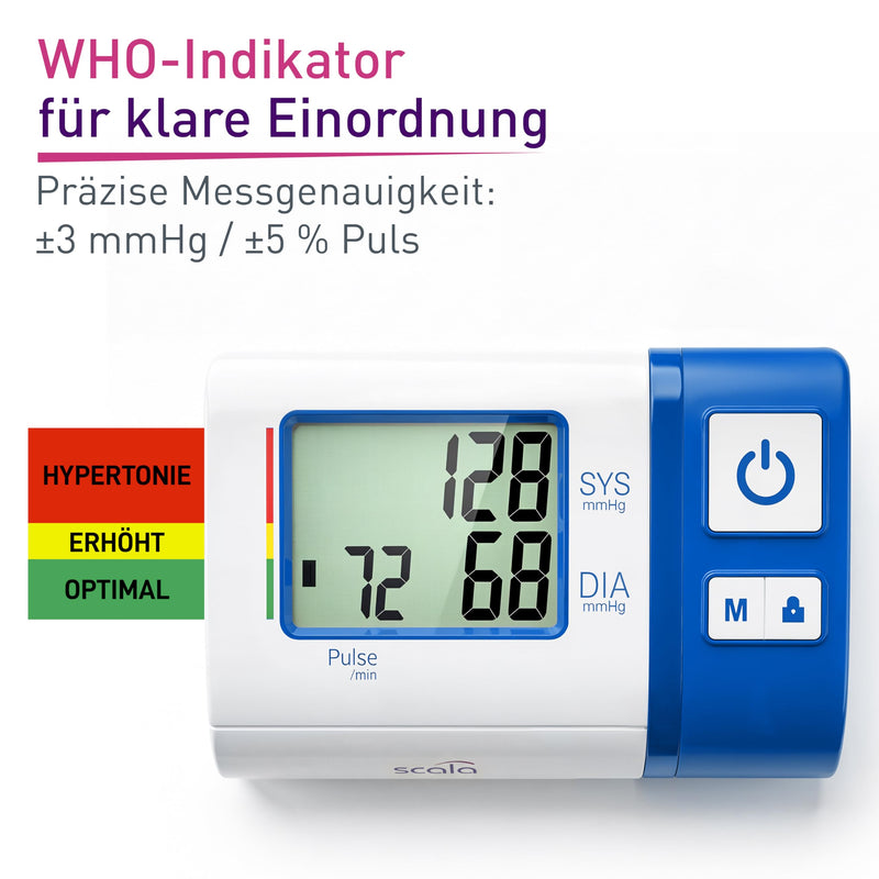 scala SC 7620 blue upper arm blood pressure monitor with compact design for home and on the go. Easy to reliably measure blood pressure independently. (L x B x H) 103 x 153 x 55 mm