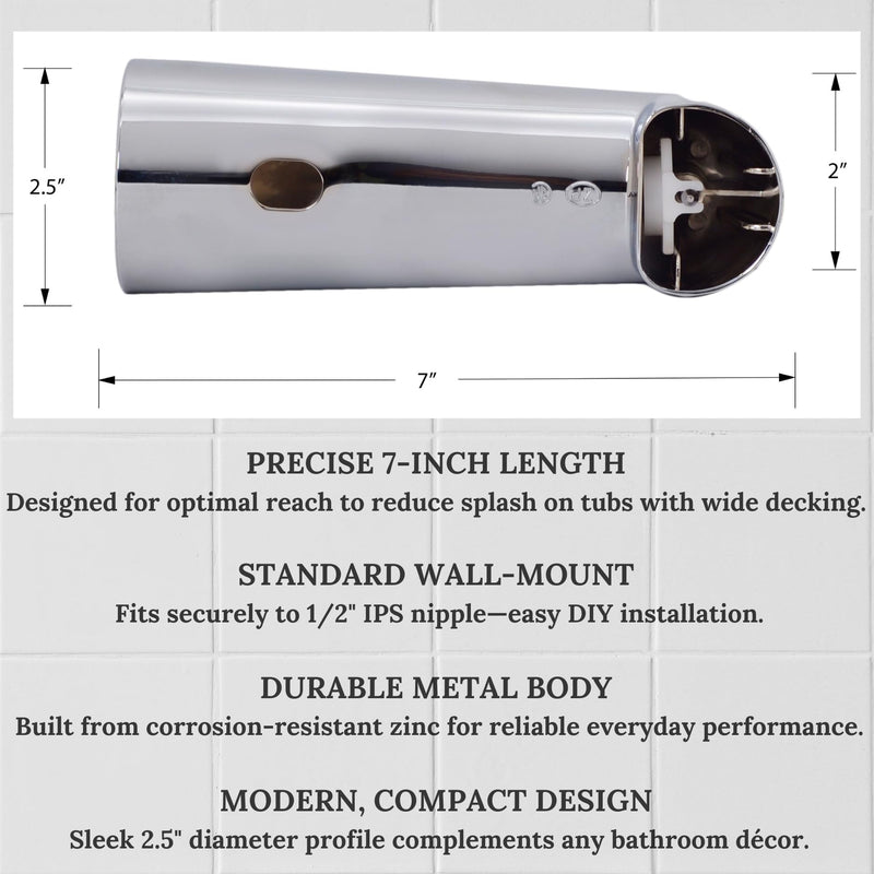 Westbrass A507D-1F-26 A507D-1F 7" Reach Wall Mount Tub Spout with Diverter, Polished Chrome