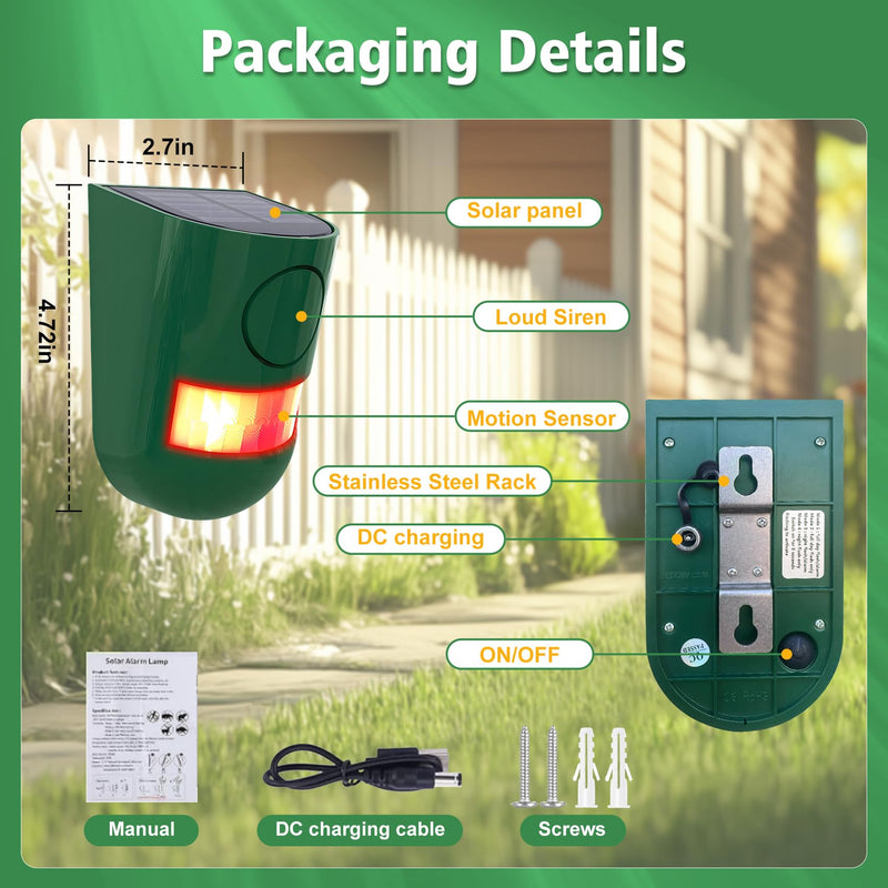 ChunHee Solar Motion Sensor Alarm Outdoor 4 Working Mode Motion Activated Alarm 129dB Loud Sound Noise Maker IP65 Waterproof Motion Detector with Strobe Light for Yard Farm Garden 2PC Green-2 PC