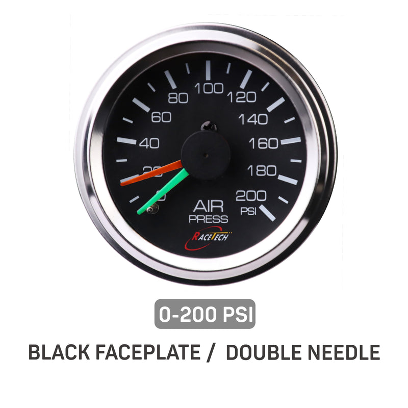 [Australia - AusPower] - RACETECH 200 PSI Mechanical Dual Air Suspension Pressure Gauge – 52mm (2-1/16"), Black Dial, Chrome Bezel, 1/8 NPT – for Air Ride Suspension Systems Dual 200 PSI 