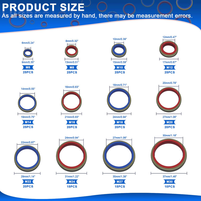 [Australia - AusPower] - 245pcs Bonded Seal Washer, NBR Metric Metal Automotive Sealing Washers Assortment Kit Self-Centred Sealing Rubber Gasket Combination Fit 12 Size M6 M8 M10 M12 M14 M16 M18 M20 M22 M24 M27 M30 245PCS Red & Blue Seal Washers 