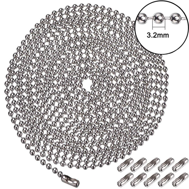 Pull Chain, 15 Feet Stainless Steel Bead Chain, Rustproof &Great Pulling Force, 6 Size, 3.2mm Pull Chain Extension with 15 Free Clasp Connectors- Silver (15 Feet) 15 ft