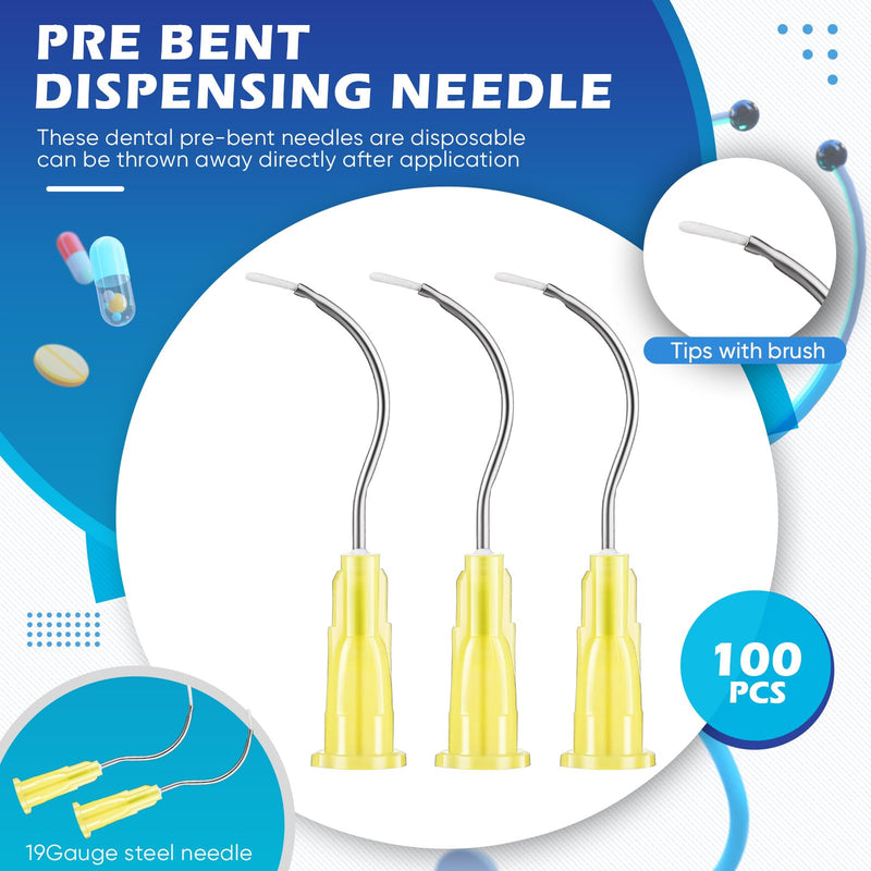 [Australia - AusPower] - 100 Pcs Pre Bent Dispensing Needle 19G Bent Dispensing Tips with Brush End Dental Syringe Tips Disposable Oral Irrigation Needle Tips for Oil or Glue Applicator 