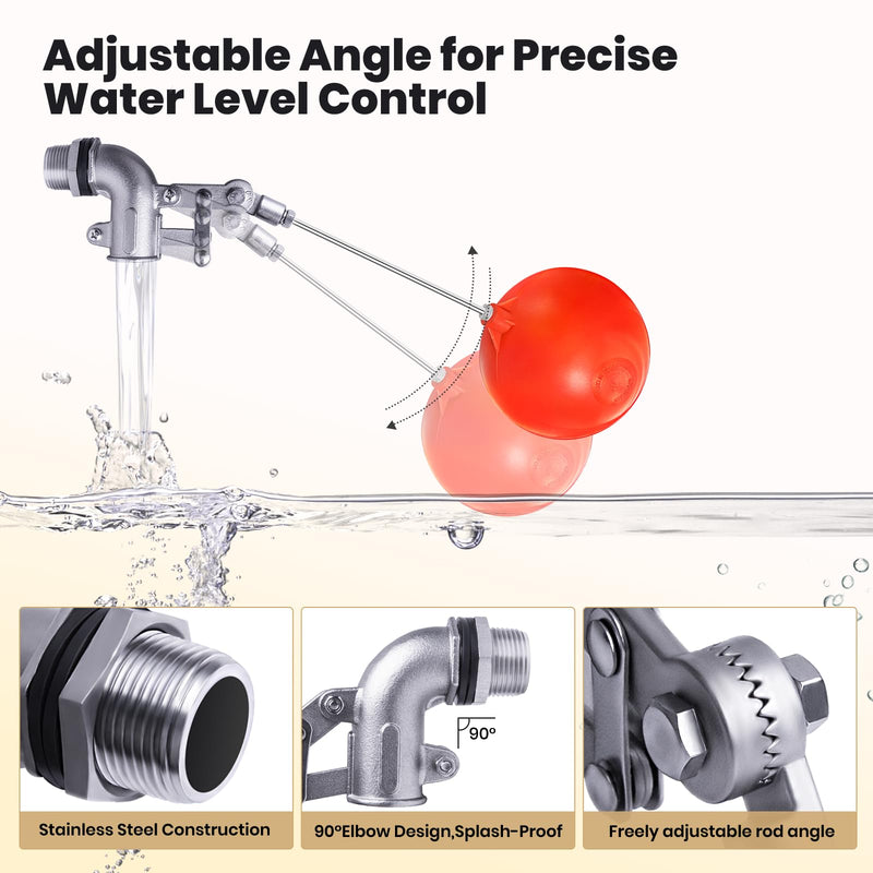 3/4 Inch Stainless Steel Float Valve for Water Tank, Heavy-Duty Design with Adjustable Angle Rod for Water Level Control, Includes 6 Inch Float Ball – Ideal for Water Troughs 3/4inch