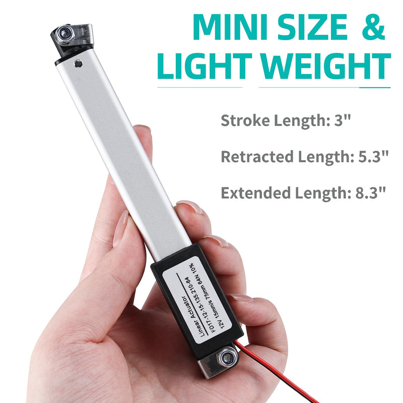 NORJIN 12V Mini Electric Linear Actuator 3" Stroke, 64N/14lbs, Speed 15mm/s, Linear Motion Actuators w/Mounting Brackets, for Sofa, TV, Table, Cabinets, Window Opener, Robotics, Home Automation 3 Inch
