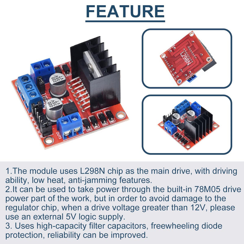 [Australia - AusPower] - 2 Pcs L298N Motor Drive Controller Board DC Dual H-Bridge Robot Stepper Motor Control Module for Arduino Smart Car Power with Dupont Cable, 24AWG Wire 