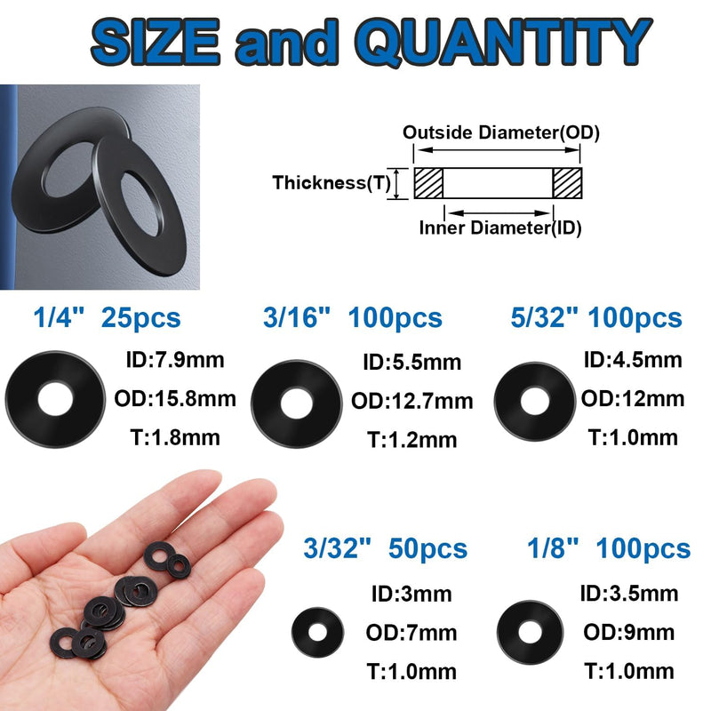 [Australia - AusPower] - 375PCS Black Pop rivet washers assortment kit for Black Pop Rivets Diameter 3/32",1/8",5/32",3/16", 1/4" 304 Stainless Steel pop Rivet Washer Aluminum pop rivet washers Blind rivet washer 3/32",1/8",5/32",3/16", 1/4" 