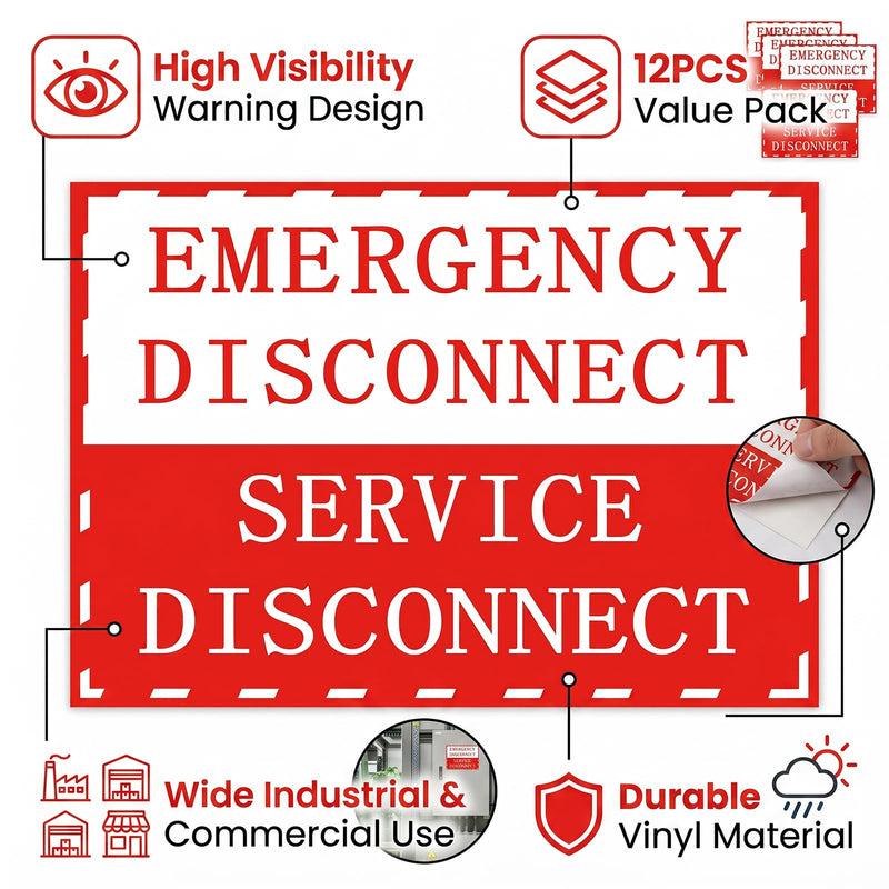 12PCS NEC Compliant Emergency Disconnect Stickers, 5x3.5 Inch Self-Adhesive Warning Labels, Waterproof Vinyl Electrical Service Disconnect Notice for Indoor Outdoor Use