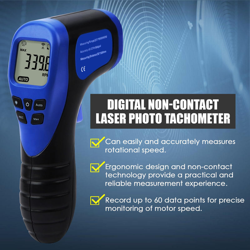 Laser Photo Tachometer Motor Speed Gauge Tester Non-Contact RPM Meter Motor Speed Gauge Gun - Accurate RPM Measurement with Rotational Record (Tachometer + 10 Reflective Tape) Tachometer + Reflective Tape