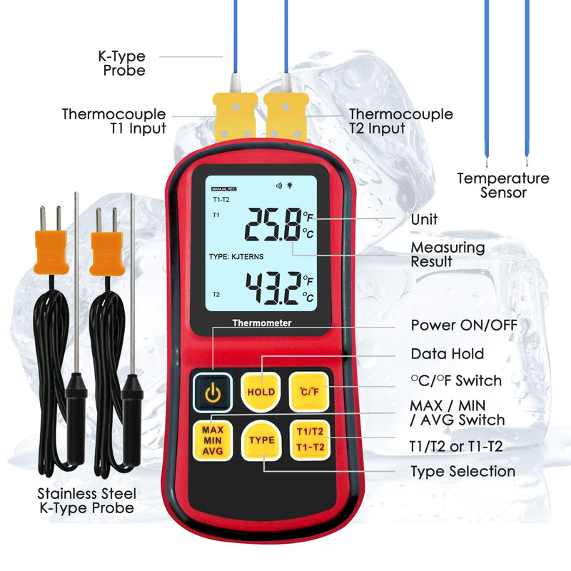 [Australia - AusPower] - Thermocouple Thermometer Digital K/J/T/E/R/S/N Type Thermocouple,Dual Channel Thermocouple Tester(-238~3212℉) with 4 K-Type Thermocouples LCD Display Temperature Tester Red 